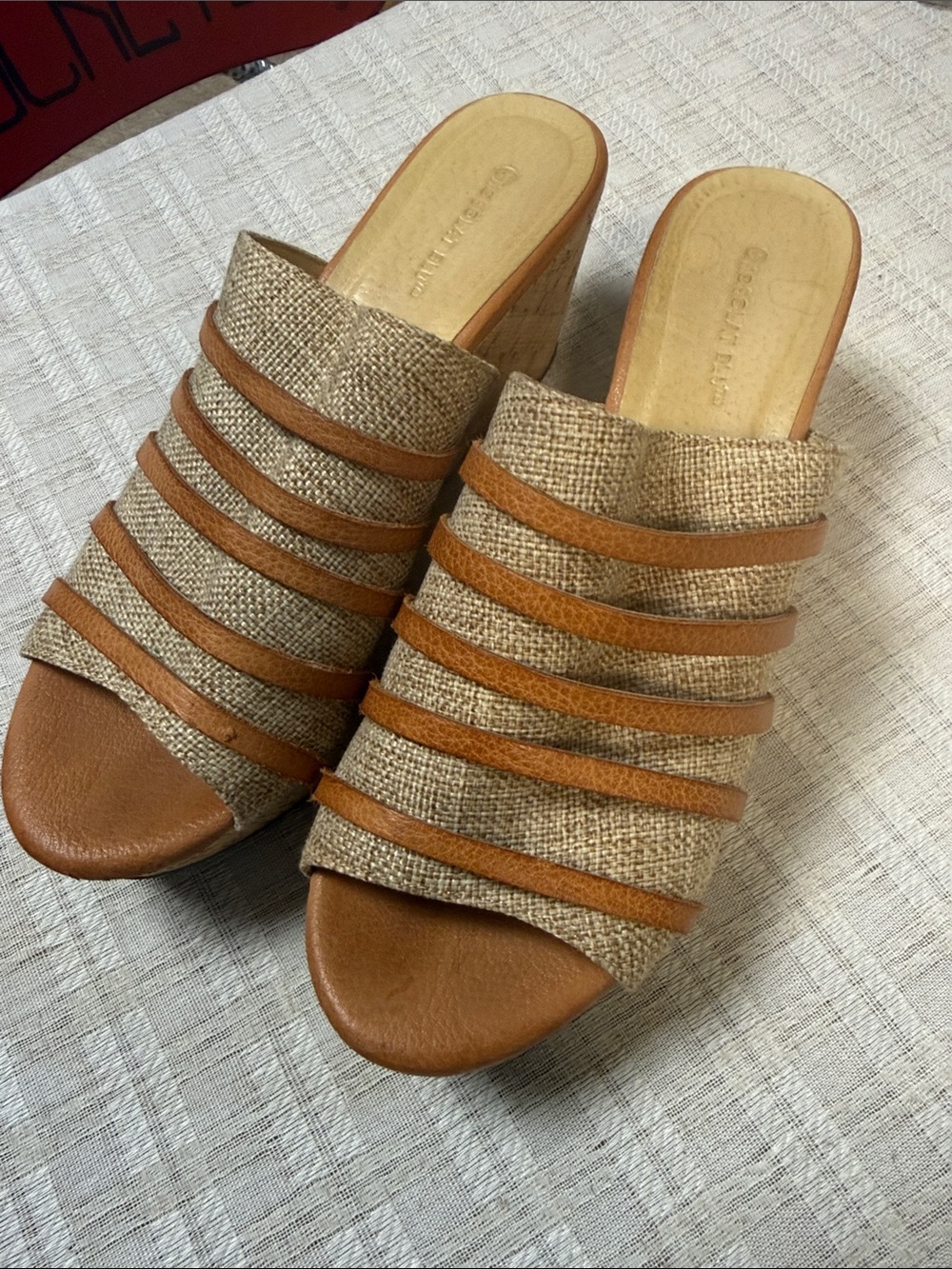 Chocolat Blu Tan & Beige Strappy Wedge Mules